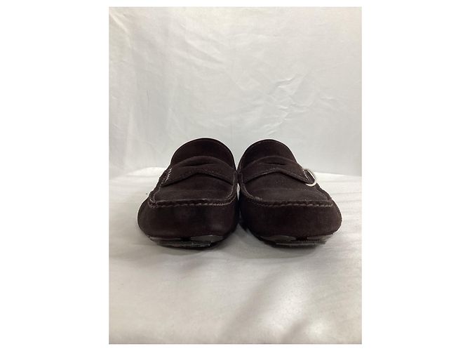 Mocassini Penny Driver in Suede Marrone con Logo Prada Rosso - vista 10