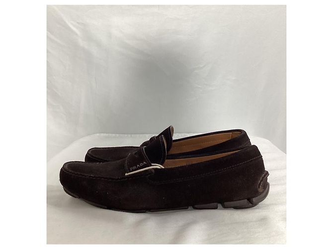 Mocassini Penny Driver in Suede Marrone con Logo Prada Rosso - vista 13