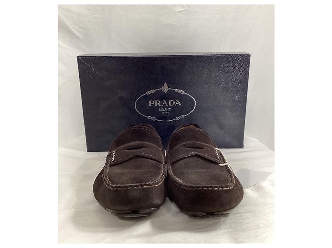 Mocassini Penny Driver in Suede Marrone con Logo Prada Rosso - vista 15