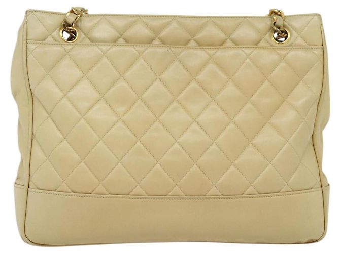 CHANEL Borsa a Spalla Matelassé con Catena in Pelle di Agnello Beige Oro CC Auth bs23535 D'oro - vista 13