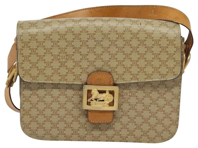 Céline Borsa a spalla in tela Macadam Celine con motivo carrozza a cavallo beige e oro Auth EC1008 D'oro - vista 13
