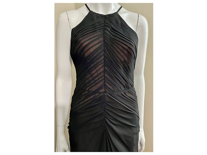 Vera Wang Schwarzes Chiffon-Abendkleid mit Akkordeonfalten Beige - Ansicht 2