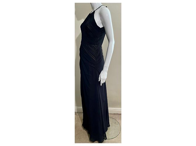 Vera Wang Schwarzes Chiffon-Abendkleid mit Akkordeonfalten Beige - Ansicht 3