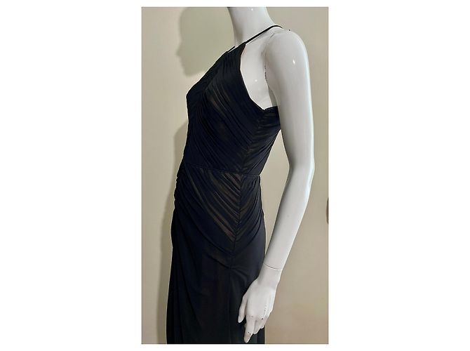 Vera Wang Schwarzes Chiffon-Abendkleid mit Akkordeonfalten Beige - Ansicht 4