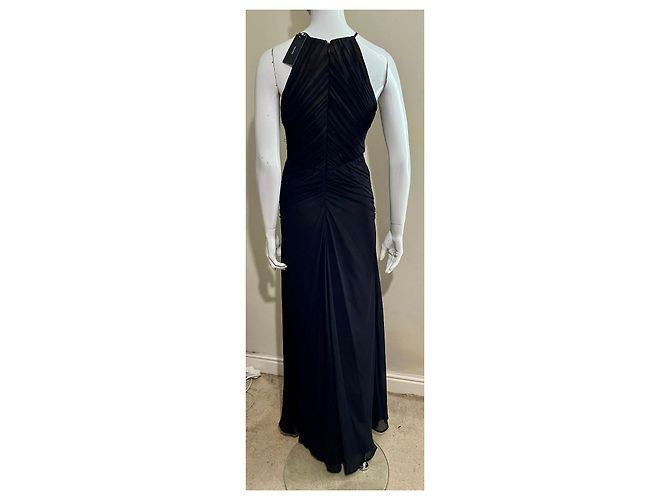 Vera Wang Schwarzes Chiffon-Abendkleid mit Akkordeonfalten Beige - Ansicht 5