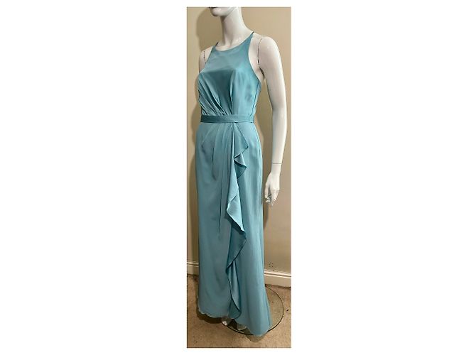 Vera Wang Abito da sera in satin e chiffon turchese - vista 5