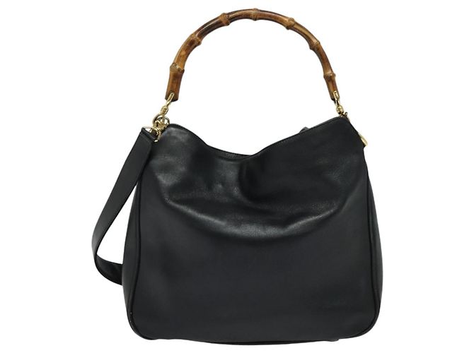 Borsa a mano in pelle GUCCI Bamboo 2 vie nera oro 001 3444 1638 Auth BA755 Nero D'oro - vista 2