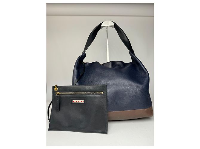 Vintage Marni Leder Tasche Marine Schwarz Braun - Ansicht 14