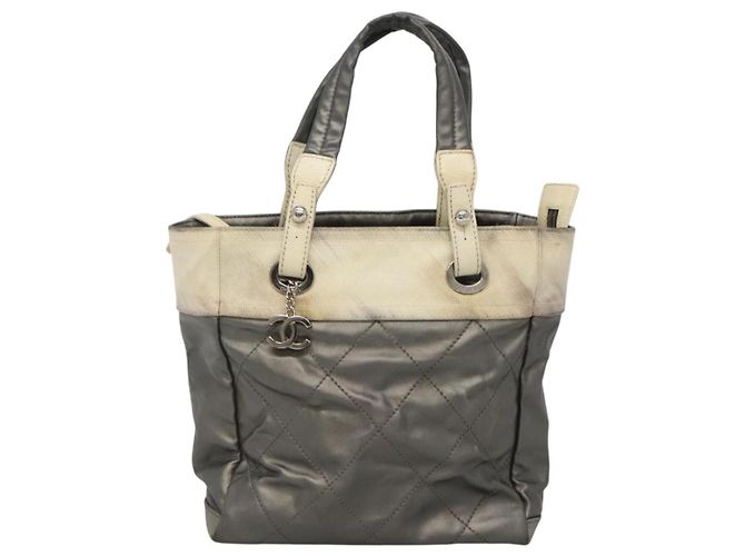 CHANEL Paris Biarritz PM Tote Bag Beschichtete Leinwand Silber CC Auth bs23887 - Ansicht 13