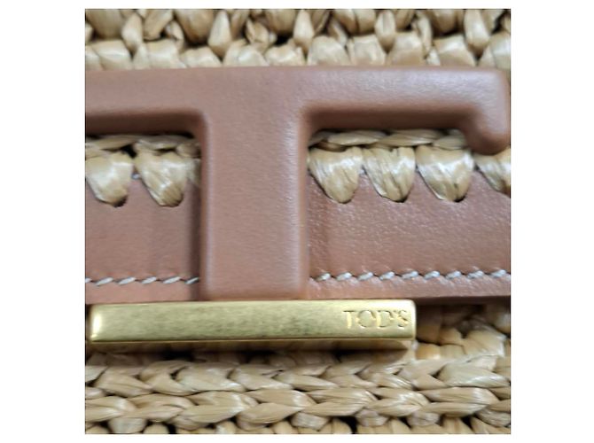 Borsa a spalla Tod's T Timeless in Rafia e Pelle Marrone - vista 8