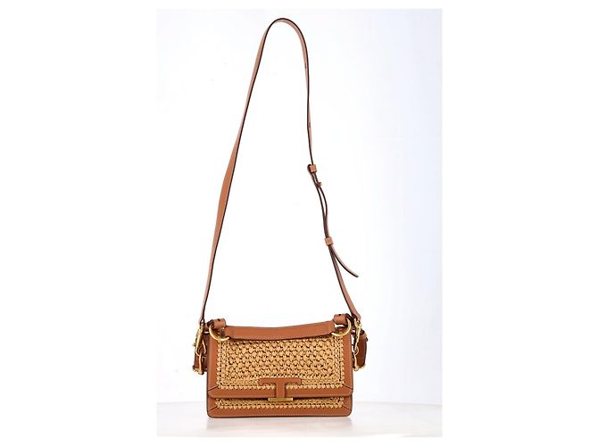 Borsa a spalla Tod's T Timeless in Rafia e Pelle Marrone - vista 9