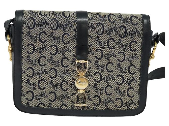 Céline Borsa a spalla Celine C Sulky in tela blu navy e oro Auth BD1174 D'oro - vista 2