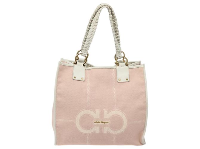 Borsa Tote Gancini di Salvatore Ferragamo in tela pelle rosa bianco oro Auth EC754 - vista 2