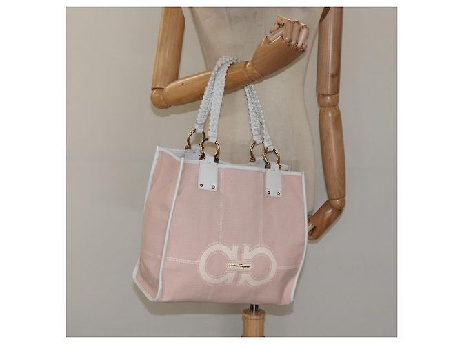 Borsa Tote Gancini di Salvatore Ferragamo in tela pelle rosa bianco oro Auth EC754 - vista 22