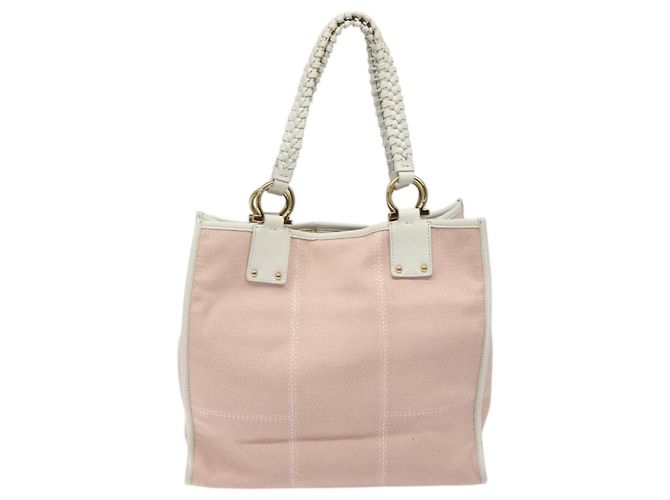 Borsa Tote Gancini di Salvatore Ferragamo in tela pelle rosa bianco oro Auth EC754 - vista 3
