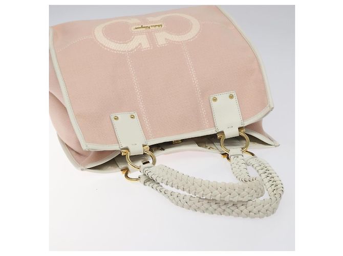 Borsa Tote Gancini di Salvatore Ferragamo in tela pelle rosa bianco oro Auth EC754 - vista 6