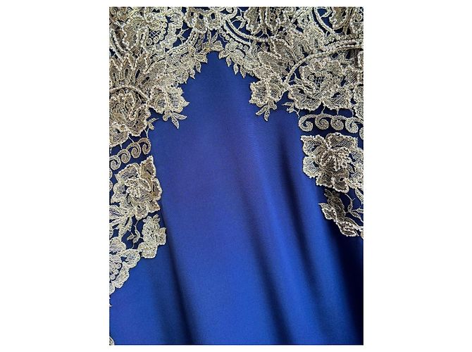 Marchesa Abito da cocktail in pizzo e seta oro e blu navy D'oro - vista 4