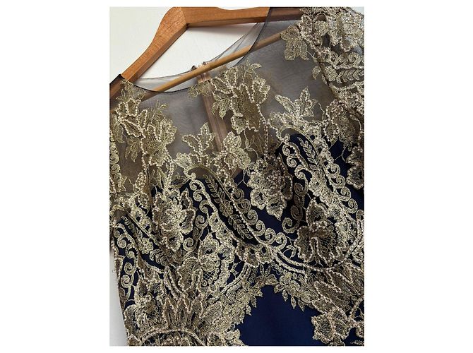 Marchesa Abito da cocktail in pizzo e seta oro e blu navy D'oro - vista 5