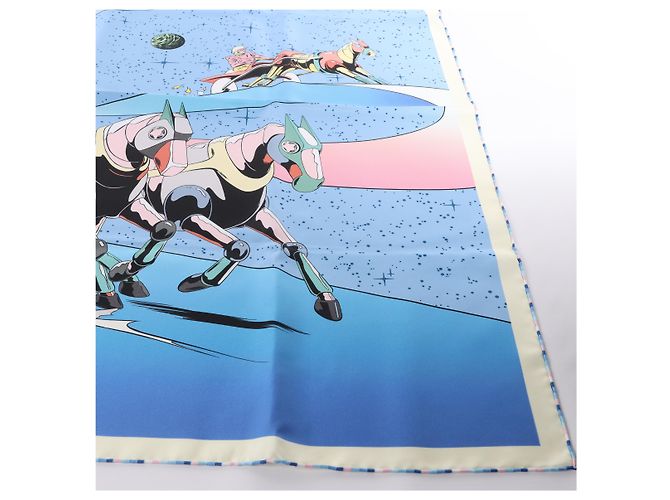 Foulard Hermès Carré 90 "Space Derby" 100% Seta Blu - vista 3