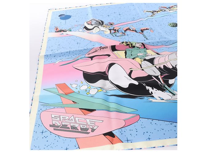 Foulard Hermès Carré 90 "Space Derby" 100% Seta Blu - vista 4
