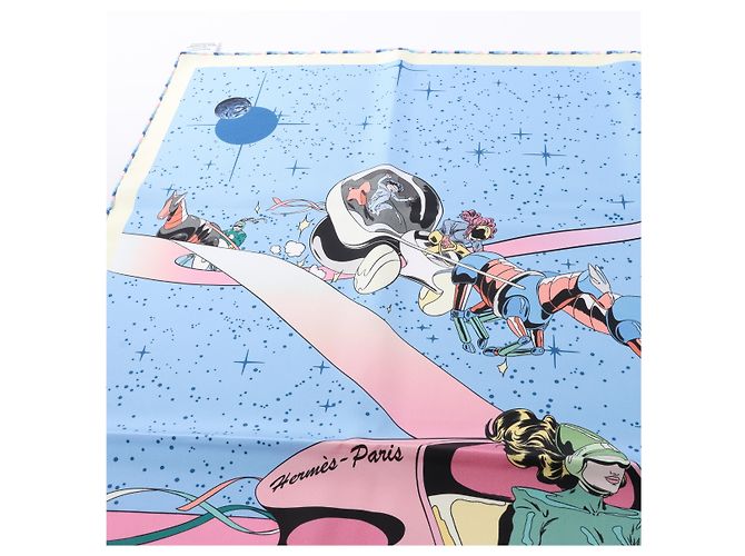 Foulard Hermès Carré 90 "Space Derby" 100% Seta Blu - vista 5