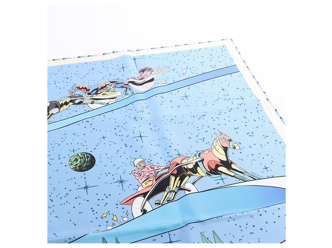 Foulard Hermès Carré 90 "Space Derby" 100% Seta Blu - vista 6