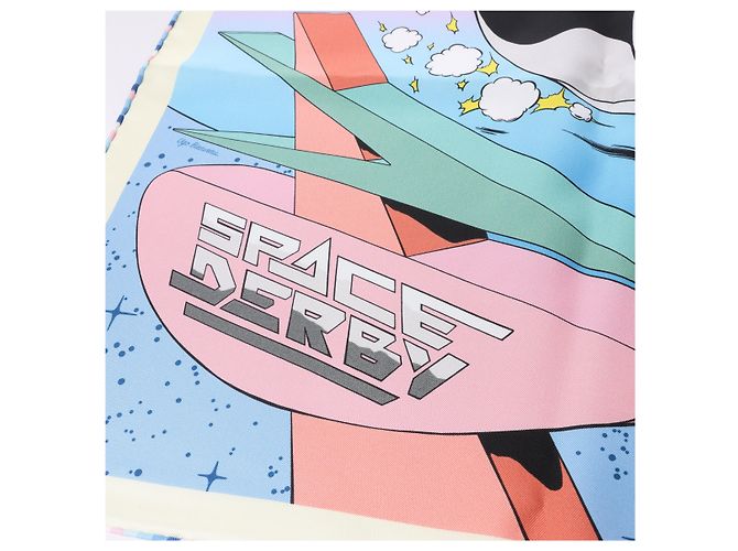 Foulard Hermès Carré 90 "Space Derby" 100% Seta Blu - vista 8