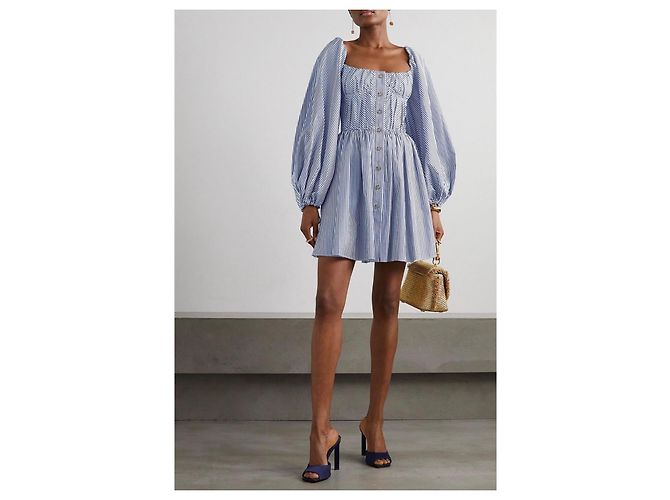 Carolina Herrera Abito Mini Bustier a Maniche Voluminose a Righe Blu - vista 2