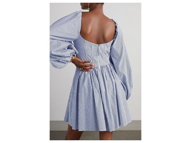 Carolina Herrera Abito Mini Bustier a Maniche Voluminose a Righe Blu - vista 3