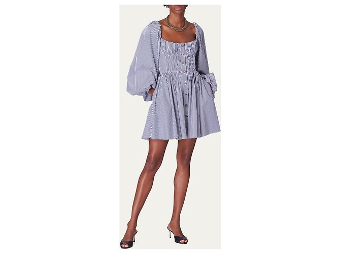 Carolina Herrera Abito Mini Bustier a Maniche Voluminose a Righe Blu - vista 4