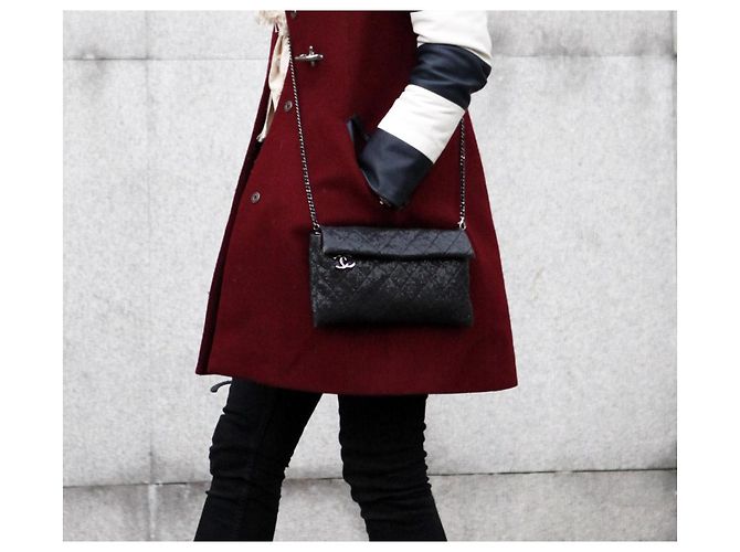 Pochette Chanel WOC in tessuto glitter e pelle nera Nero - vista 7