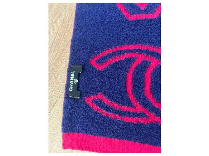 Sciarpa reversibile Chanel blu navy e rosso lampone lana - vista 6