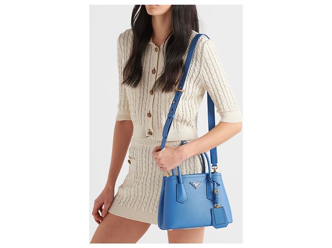 Borsa a mano Prada Mini Double in pelle Saffiano Blu - vista 7