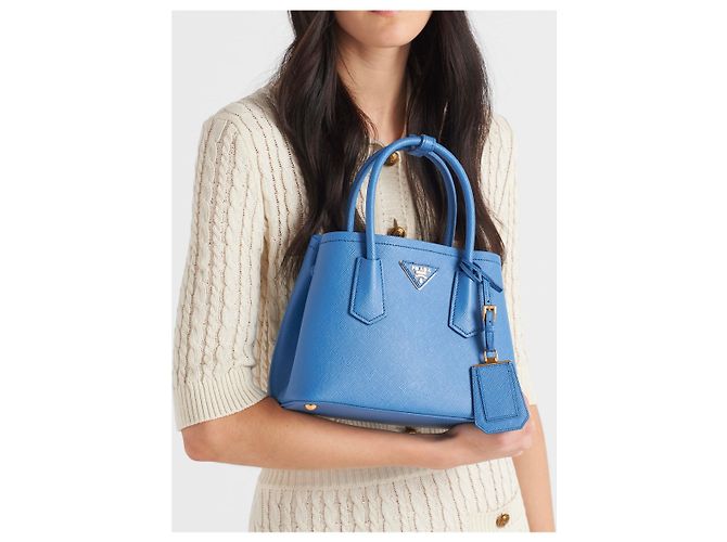 Borsa a mano Prada Mini Double in pelle Saffiano Blu - vista 8