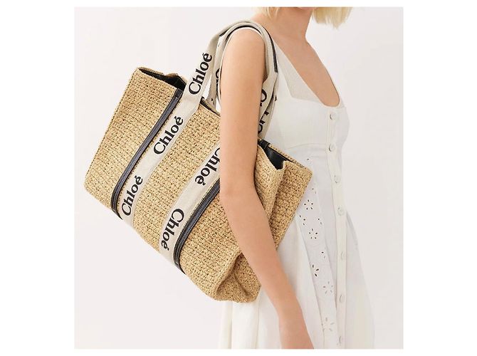 Borsa Tote in Rafia Woody Grande di Chloé Beige - vista 3