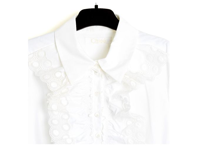 Chloé 2018 Abito Plastron FR40 Camicia in popeline con volant UK12 US10 Chloe Bianco - vista 4