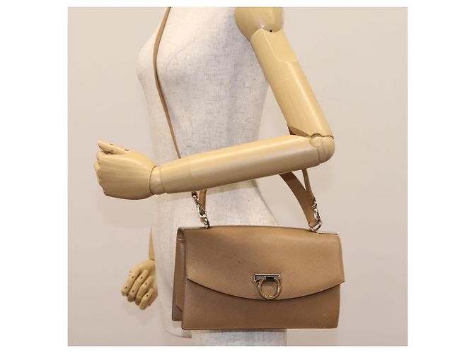 Borsa a mano in pelle Gancini di Salvatore Ferragamo 2way Beige Argento Auth BD1190 - vista 24
