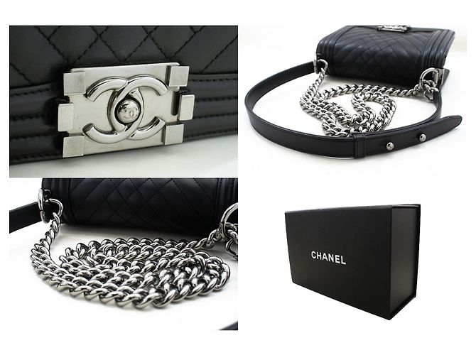 CHANEL Small Boy Chain Shoulder Bag Black Quilted Flap Calfskin - view 7