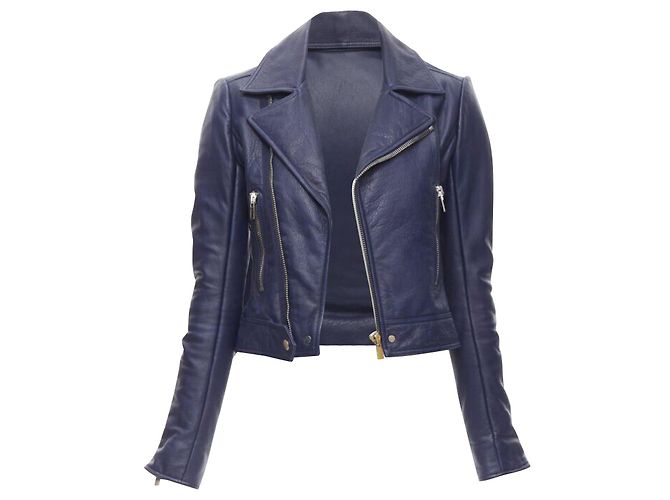 Chaqueta biker cropped de piel de cordero azul oscuro BALENCIAGA 2014 - vista 2