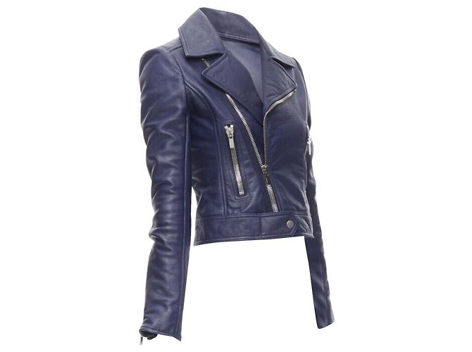 Chaqueta biker cropped de piel de cordero azul oscuro BALENCIAGA 2014 - vista 3