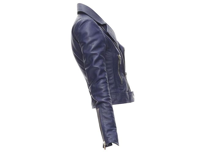 Chaqueta biker cropped de piel de cordero azul oscuro BALENCIAGA 2014 - vista 4