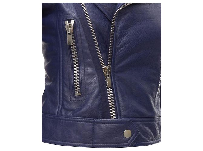 Chaqueta biker cropped de piel de cordero azul oscuro BALENCIAGA 2014 - vista 7