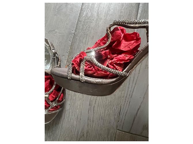Sandali Rene Caovilla Taupe in Pelle con Strass Swarovski Metallico - vista 10