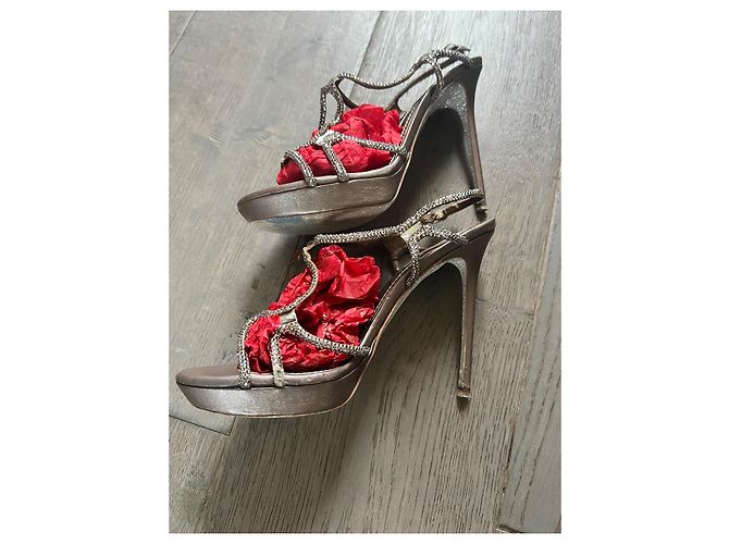 Sandali Rene Caovilla Taupe in Pelle con Strass Swarovski Metallico - vista 5