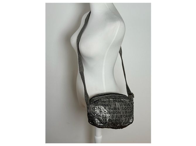 Vintage Chanel Monogram Schultertasche Silber Schwarz - Ansicht 3