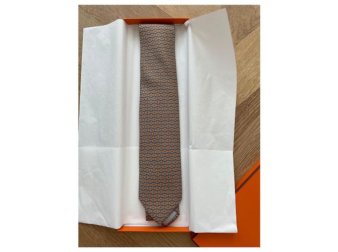 Cravatta Hermès in seta arancione e grigia - vista 4