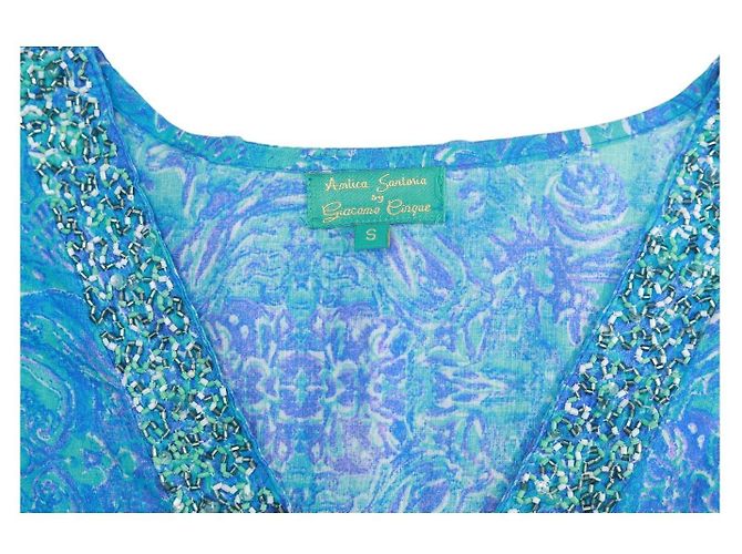 Autre Marque Vestido Caftán Antica Sartoria de algodón azul con estampado étnico y cuentas - vista 3