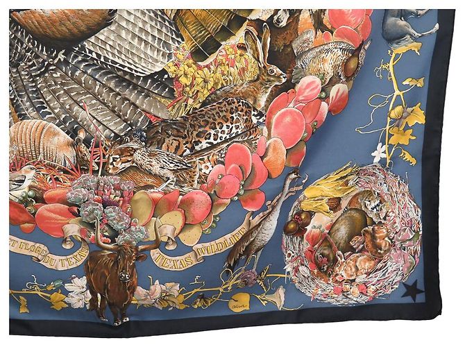 Hermès SCIALLE HERMES FAUNA E FLORE DEL TEXAS KERMIT OLIVER 90 SETA BLU - vista 4
