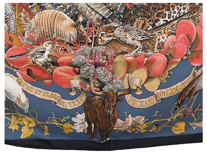 Hermès SCIALLE HERMES FAUNA E FLORE DEL TEXAS KERMIT OLIVER 90 SETA BLU - vista 6