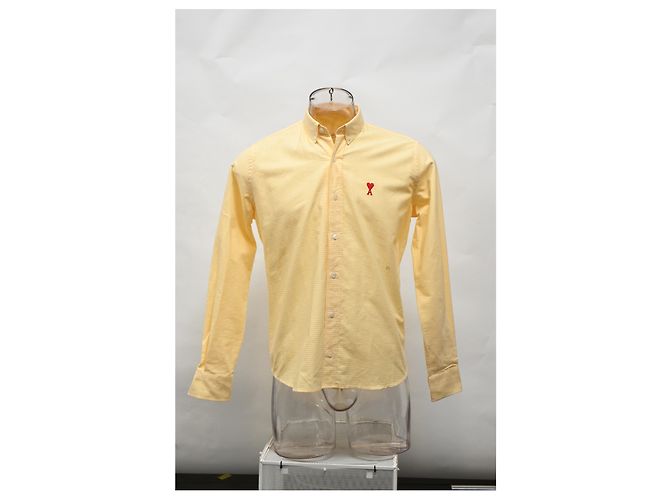 Camicia con colletto button-down AMI in cotone biologico a quadri gingham giallo con logo ricamato - vista 6